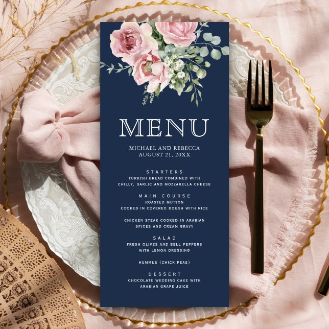 Blush Pink Floral Eucalyptus Navy Blue Wedding Menu (Creator Uploaded)