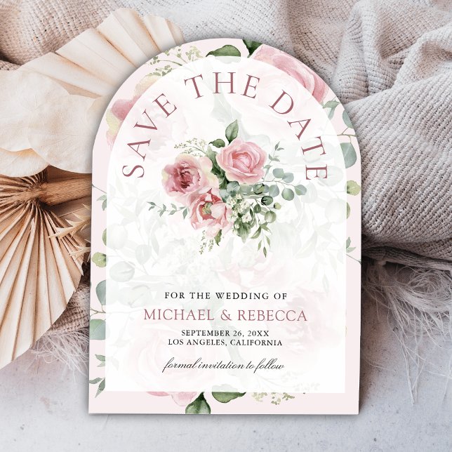 Blush Pink Floral Eucalyptus Photo QR Code Wedding Save The Date (Creator Uploaded)