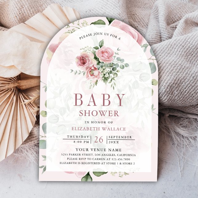 Blush Pink Floral Eucalyptus QR Code Baby Shower Invitation (Creator Uploaded)