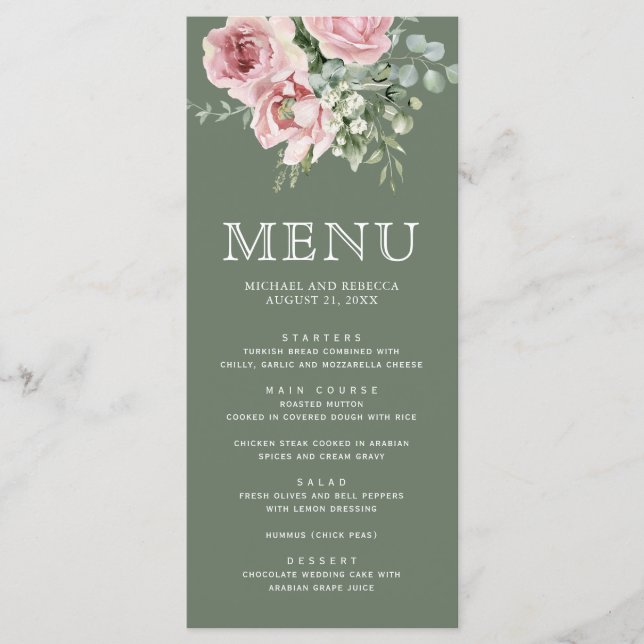 Blush Pink Floral Eucalyptus Sage Green Wedding Menu (Front)