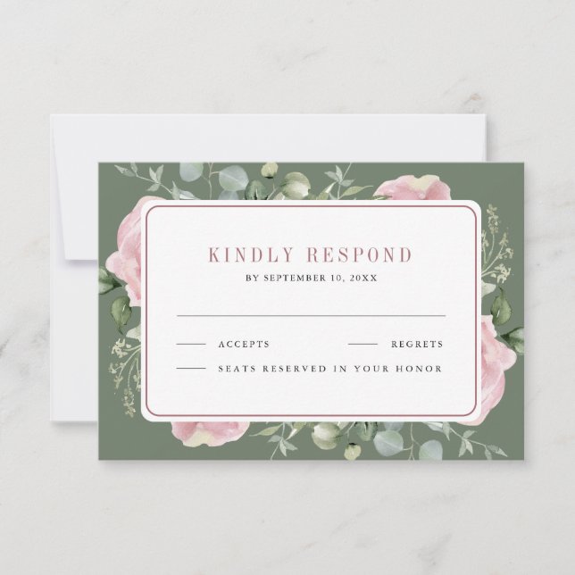 Blush Pink Floral Eucalyptus Sage Green Wedding RSVP Card (Front)
