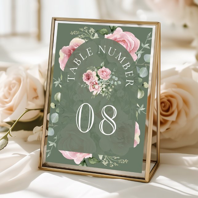 Blush Pink Floral Eucalyptus Sage Green Wedding Table Number (Creator Uploaded)