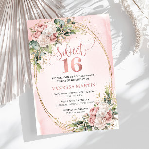 Blush Pink Floral Eucalyptus Sweet 16 Birthday Invitation