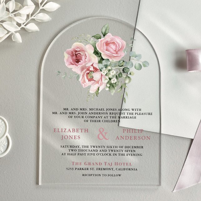 Blush Pink Floral Eucalyptus Wedding Acrylic Invitations (Creator Uploaded)