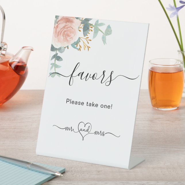 Blush pink floral eucalyptus wedding favors pedestal sign (In SItu)