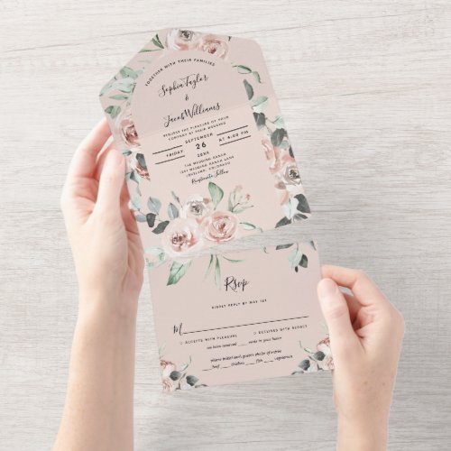 Blush Pink Floral Eucalyptus Wedding with RSVP All In One Invitation