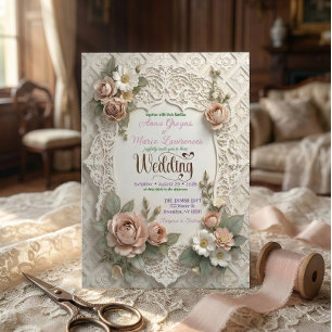 Blush Pink Floral Faux Laser Cut Lace Wedding  Invitation