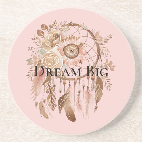 Blush Pink Floral Feathers Dream Catcher Coaster
