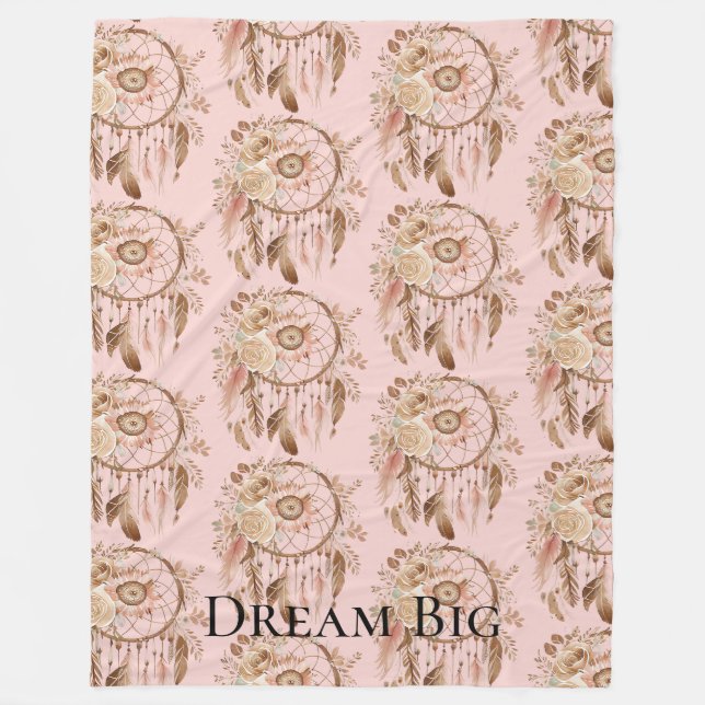 Blush Pink Floral Feathers Dream Catcher Fleece Blanket (Front)