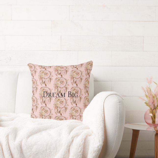 Blush Pink Floral Feathers Dream Catcher Throw Pillow (Couch)