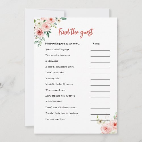 Blush Pink Floral Find the Guest Shower Game Card
