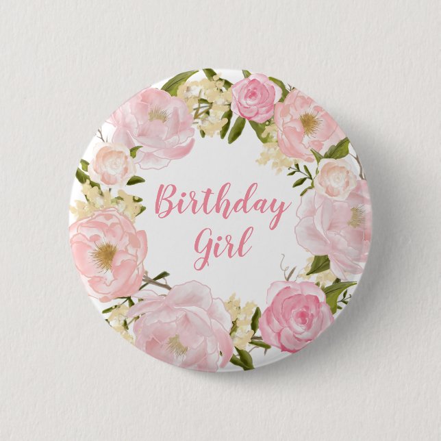 Blush Pink Floral First 1st Birthday Round Badge Button (Front)