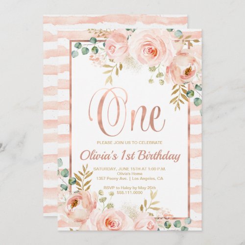 Blush Pink Floral First Birthday Invitation