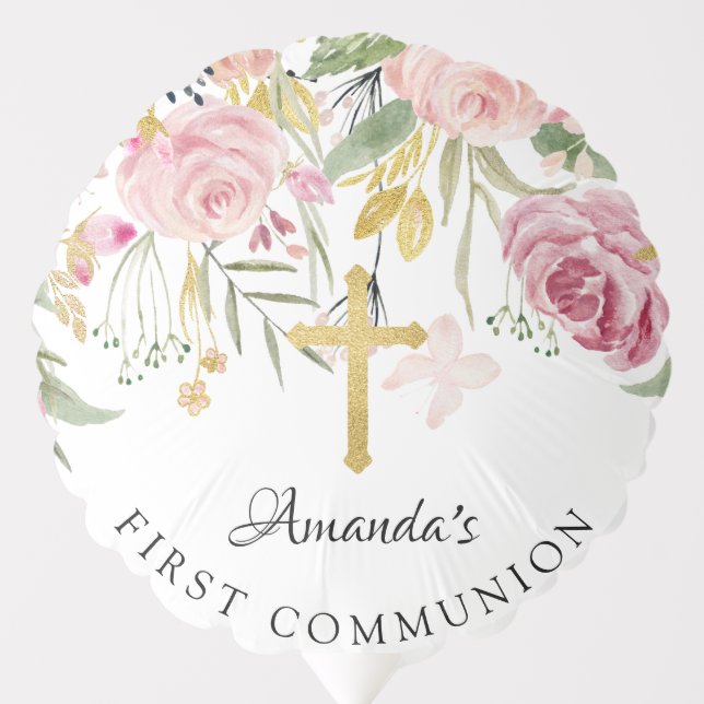 Blush Pink Floral First Communion Balloon (Front)