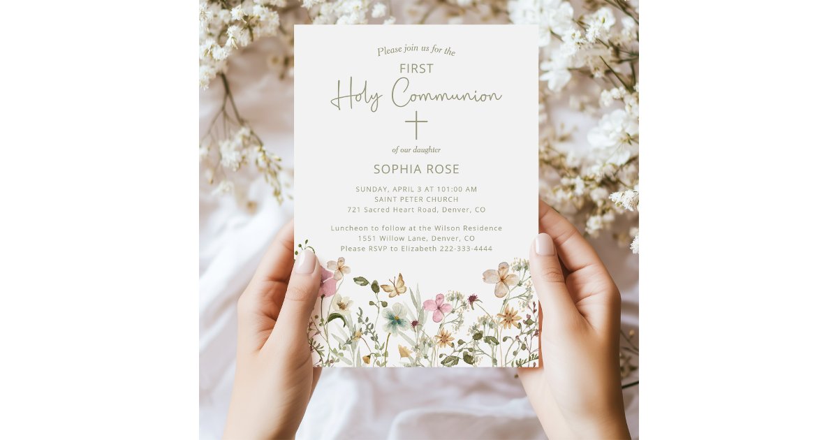 Blush Pink Floral First Communion Invitation | Zazzle