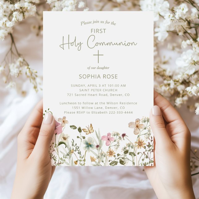 Blush Pink Floral First Communion Invitation (Creator Uploaded)