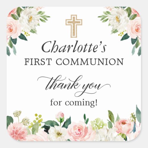 Blush Pink Floral First Communion Thank You Favor Square Sticker