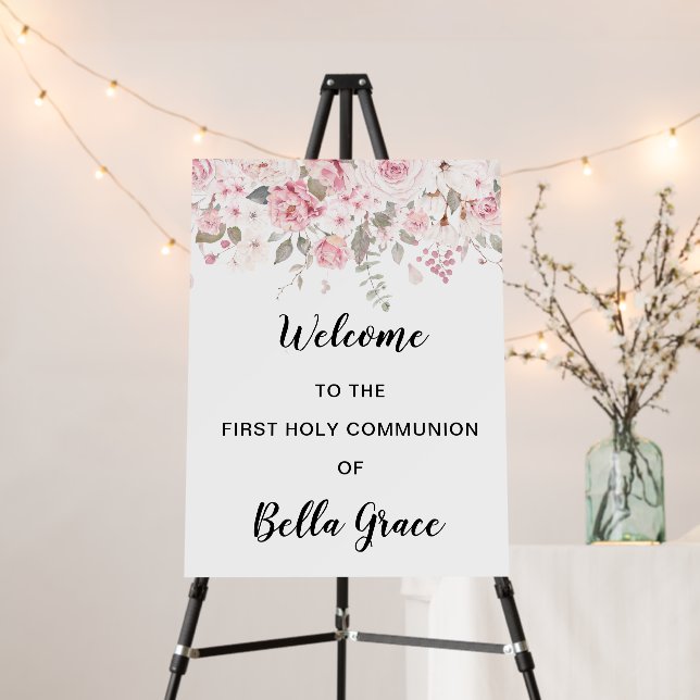 Blush Pink Floral First Communion Welcome Foam Board (In Situ (Stand))