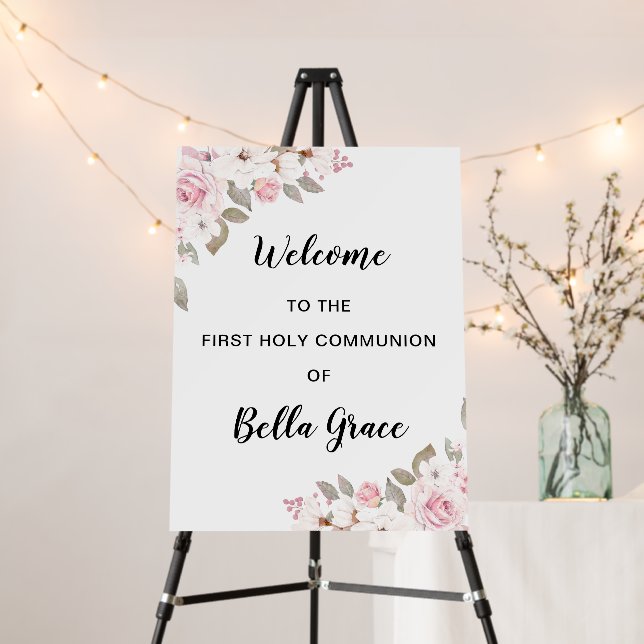 Blush Pink Floral First Communion Welcome Foam Board (In Situ (Stand))