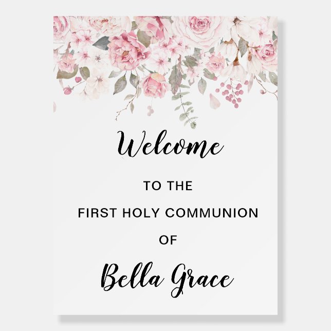 Blush Pink Floral First Communion Welcome Foam Board (Front)
