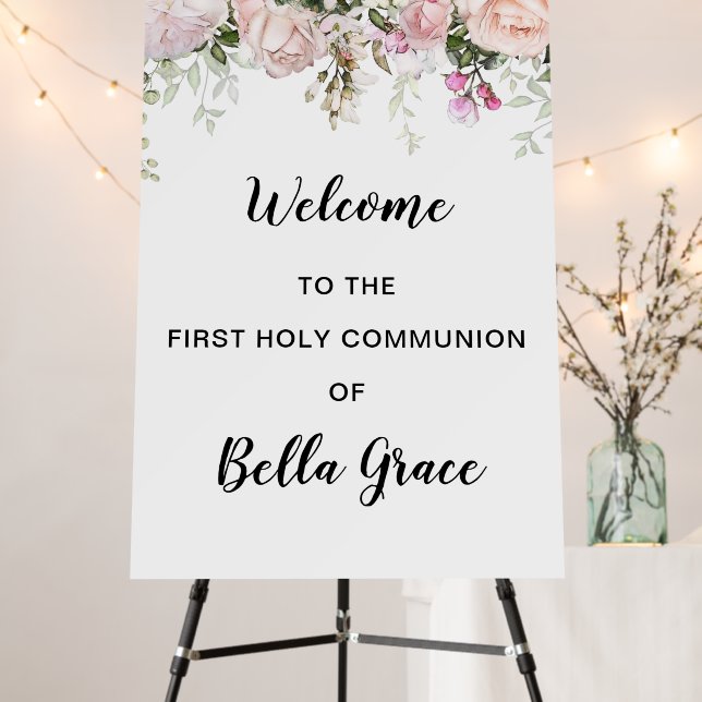 Blush Pink Floral First Communion Welcome  Foam Board (In Situ (Stand))