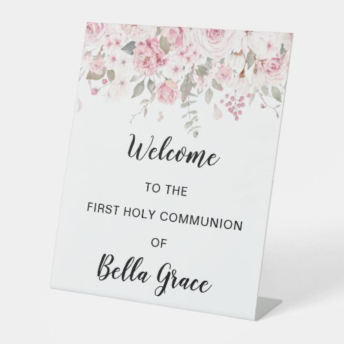 Blush Pink Floral First Communion Welcome Pedestal Sign