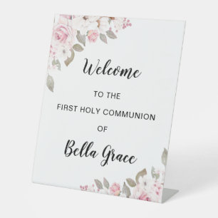 Blush Pink Floral First Communion Welcome Pedestal Sign
