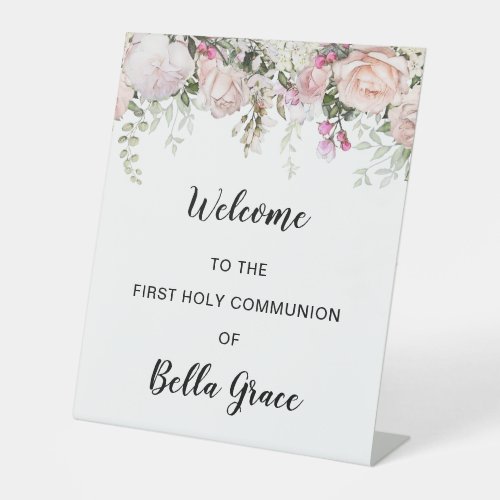 Blush Pink Floral First Communion Welcome  Pedestal Sign