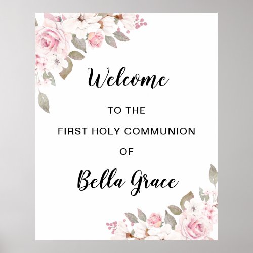 Blush Pink Floral First Communion Welcome Sign