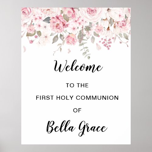 Blush Pink Floral First Communion Welcome Sign