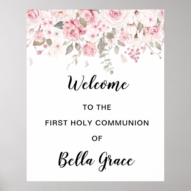 Blush Pink Floral First Communion Welcome Sign (Front)