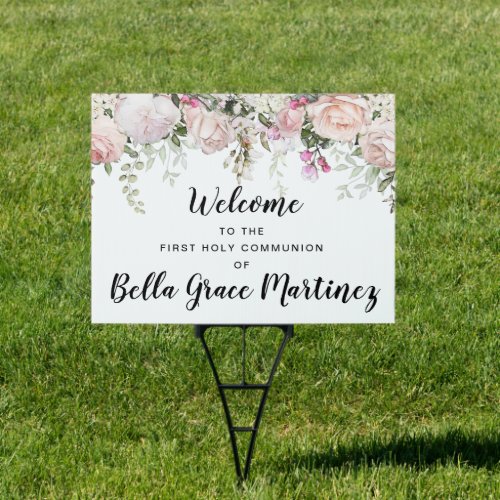 Blush Pink Floral First Communion Welcome Yard Sign