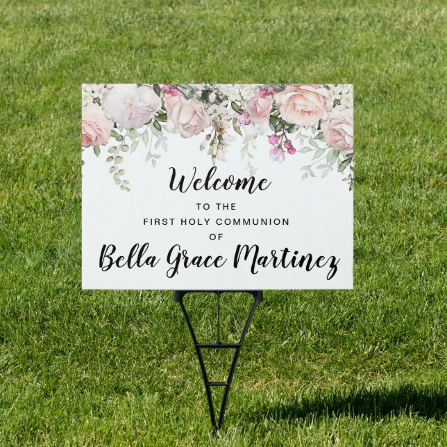 Blush Pink Floral First Communion Welcome Yard Sign (Insitu)