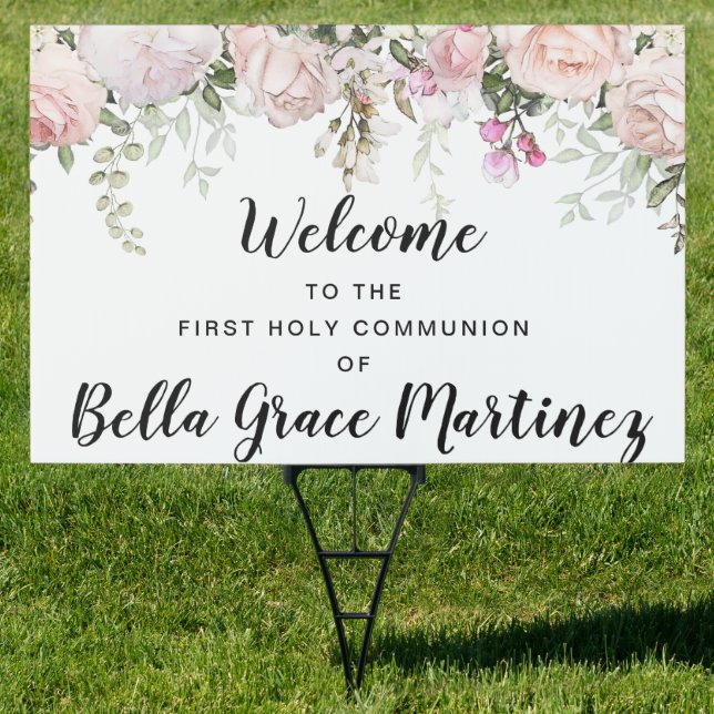 Blush Pink Floral First Communion Welcome Yard Sign (Insitu)