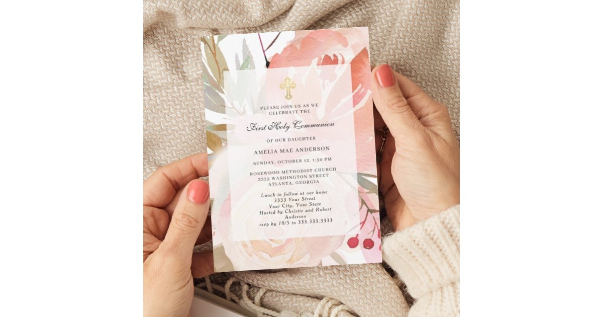 Blush Pink Floral First Holy Communion Invitation | Zazzle