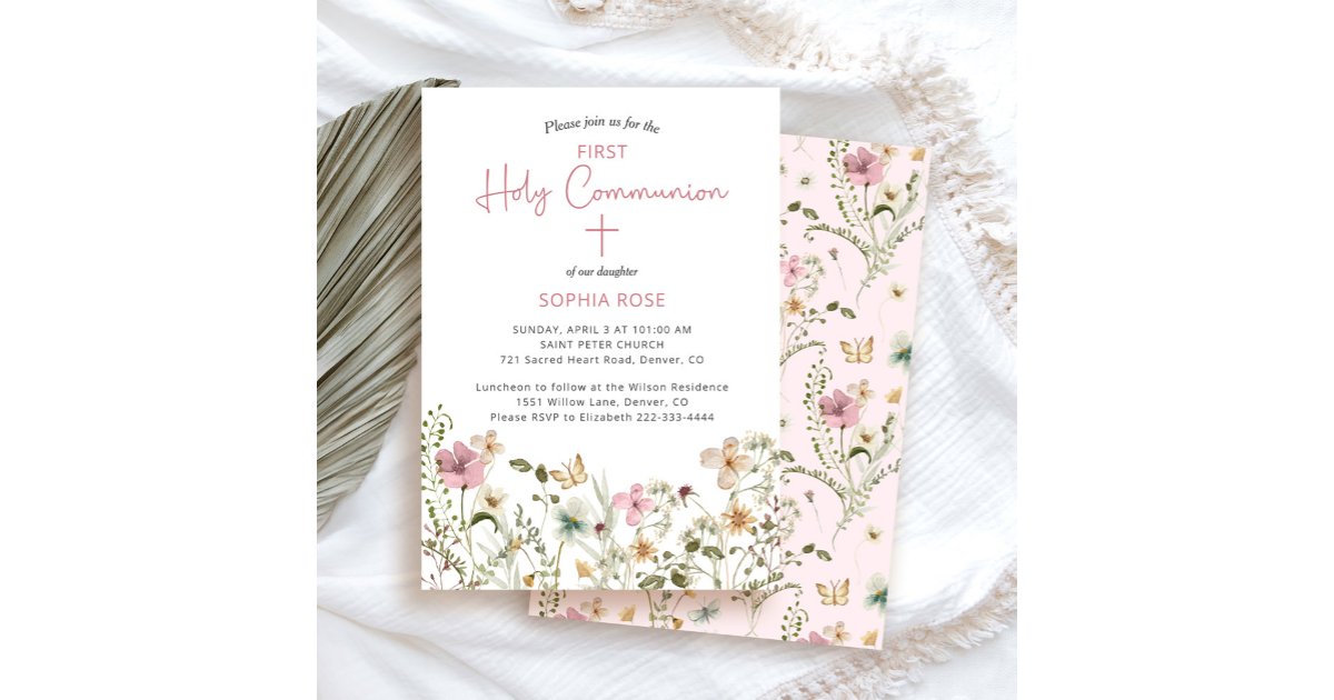 Blush Pink Floral First Holy Communion Invitation | Zazzle