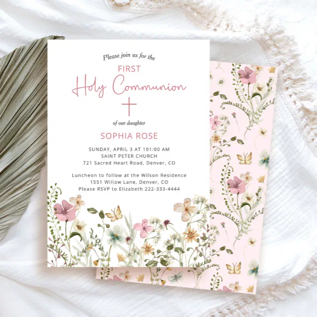 Blush Pink Floral First Holy Communion Invitation | Zazzle