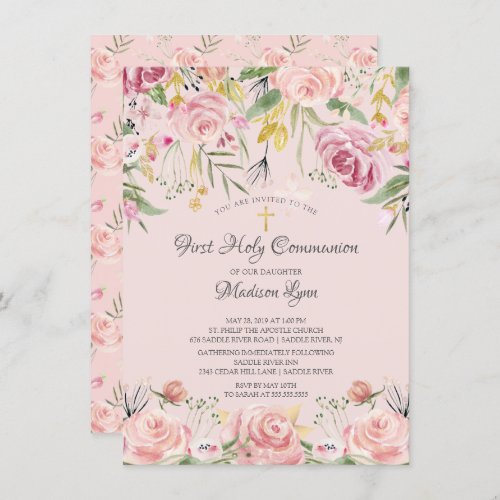 Blush Pink Floral First Holy Communion Invitation