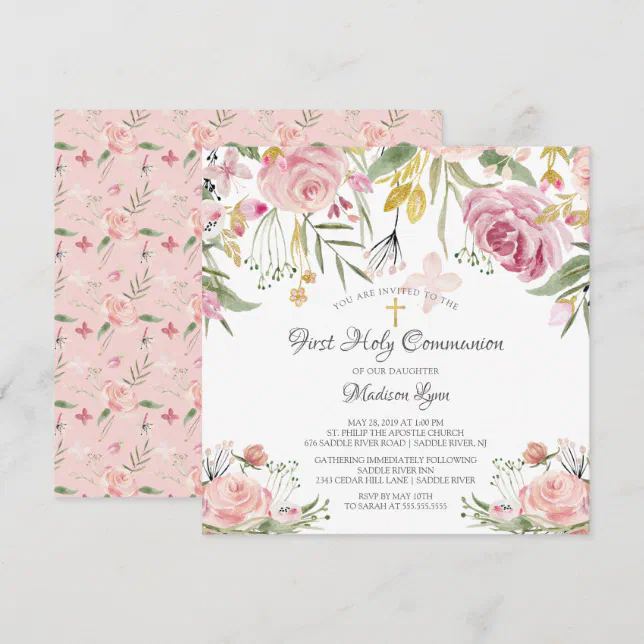 Blush Pink Floral First Holy Communion Invitation | Zazzle