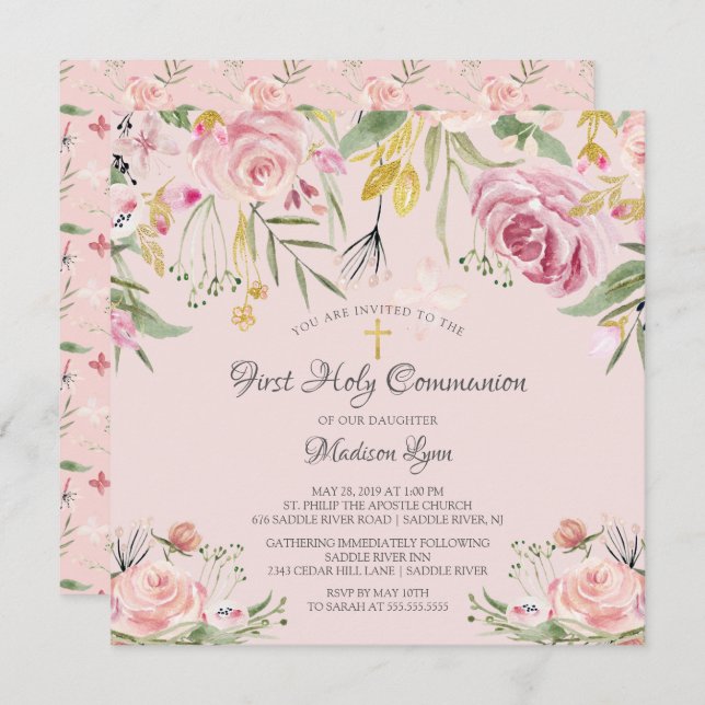 Blush Pink Floral First Holy Communion Invitation (Front/Back)