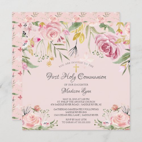 Blush Pink Floral First Holy Communion Invitation