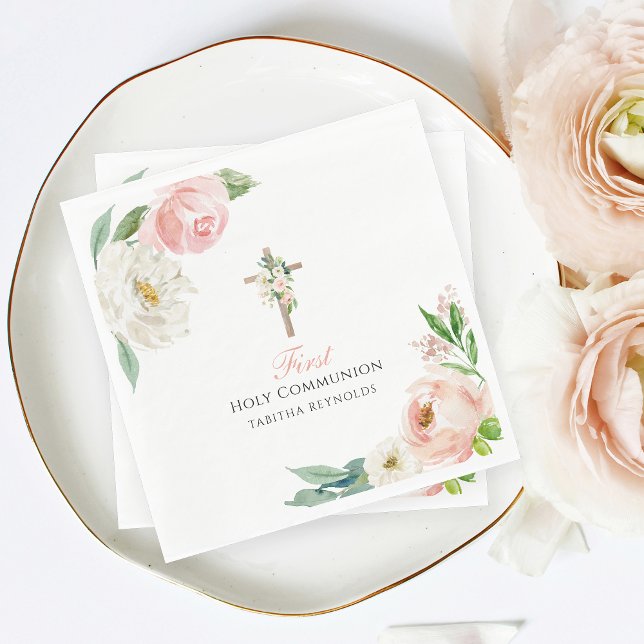 Blush Pink Floral First Holy Communion Napkins (Creator Uploaded)