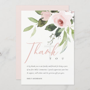 BLUSH PINK FLORAL FIRST HOLY COMMUNION THANK YOU INVITATION