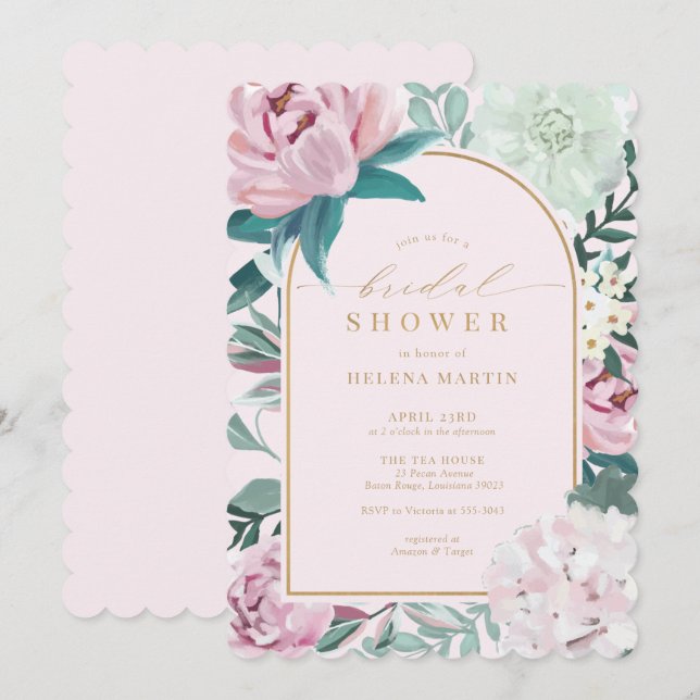 Blush Pink Floral Flowers Gold Arch Bridal Shower Invitation (Front/Back)
