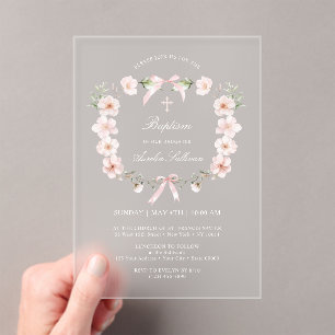 Blush Pink Floral Frame Baptism Acrylic Invitations