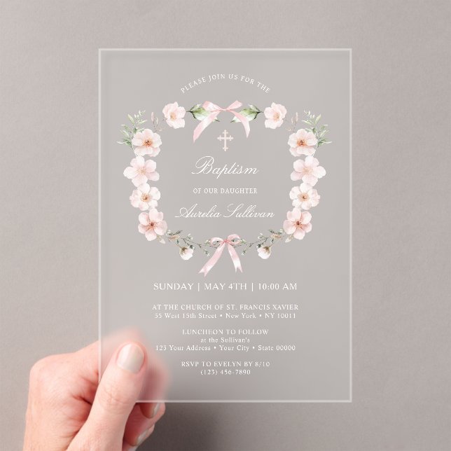 Blush Pink Floral Frame Baptism Acrylic Invitations (Insitu (Handheld))