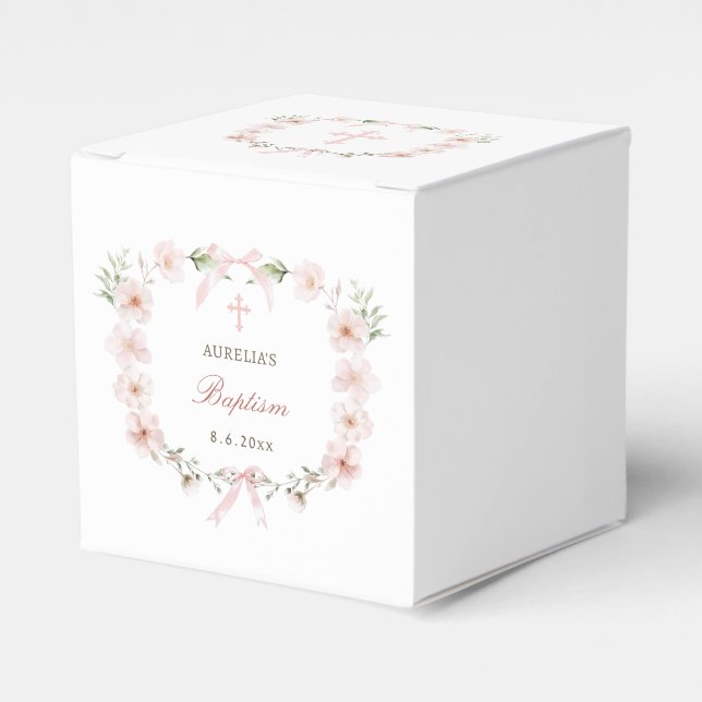 Blush Pink Floral Frame Baptism Cube Favor Boxes (Front Side)