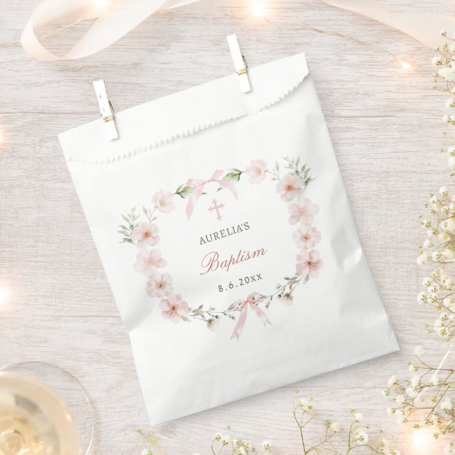 Blush Pink Floral Frame Baptism Favor Bag (Clipped)