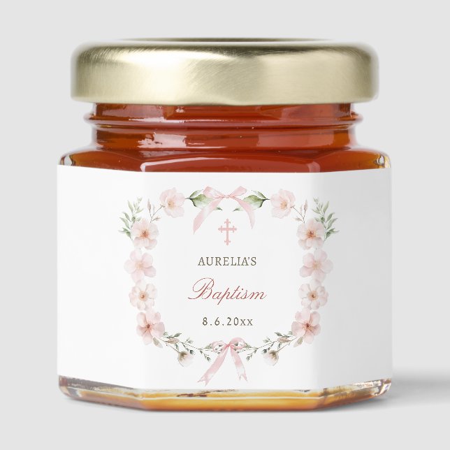 Blush Pink Floral Frame Baptism Honey Jar Favors (Front)