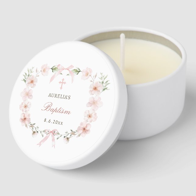 Blush Pink Floral Frame Baptism Mini Candle Favors (Corner)